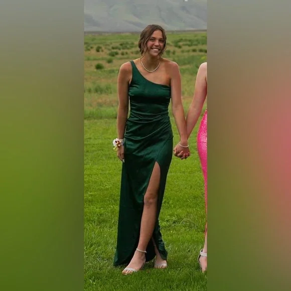 Dresses | Green Prom Dress One Shoulder Slit Pretty Simple | Poshmark